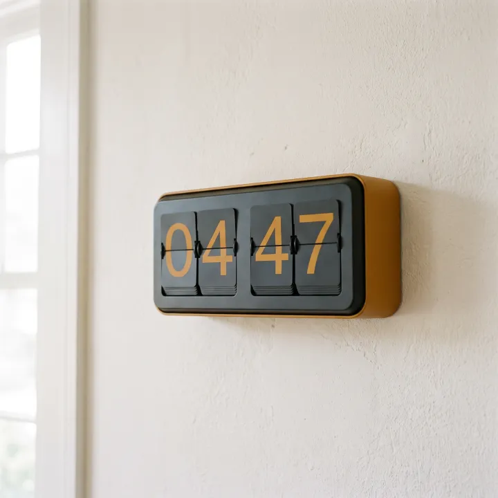 A split-flap wall clock reading 04:47 in amber digits